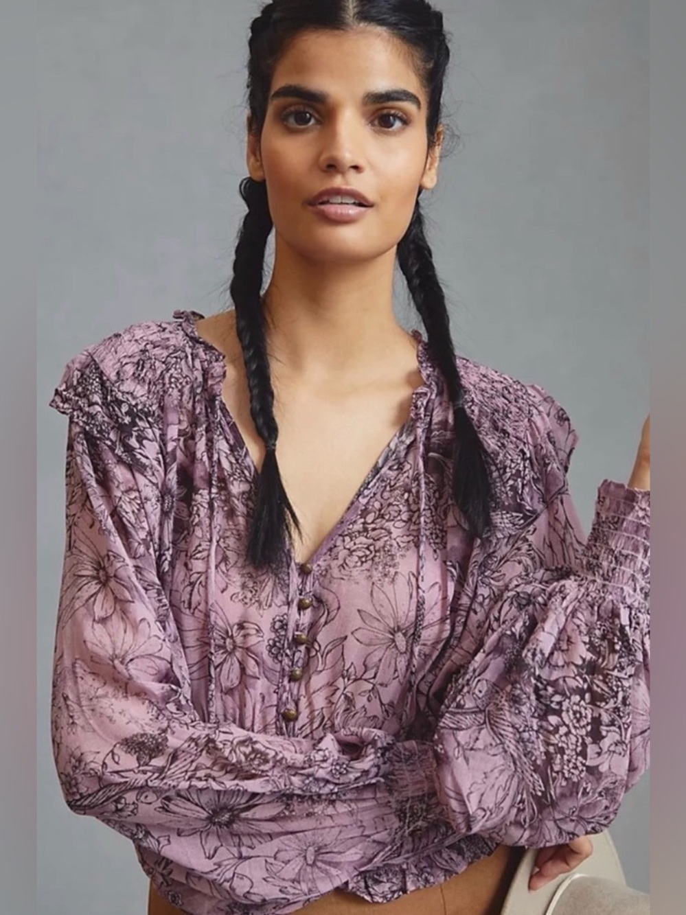 By Anthropologie Medium Sheer Purple Smocked Peasant Blouse Orig $120 Exc Cond